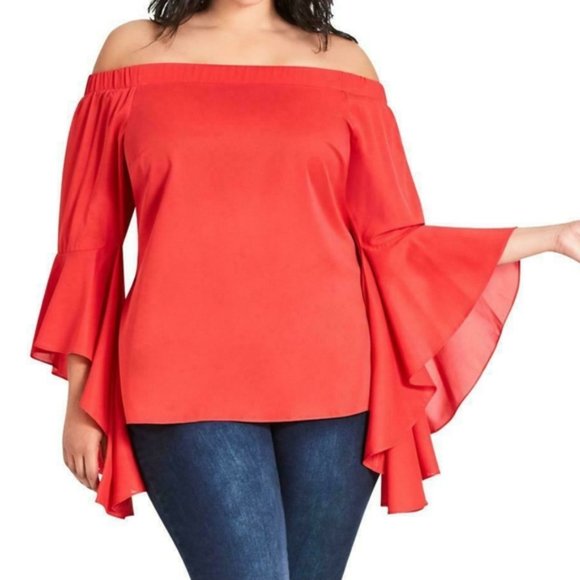 City Chic Tops - City Chic Off Shoulder Bell Sleeve Blouse Size 22